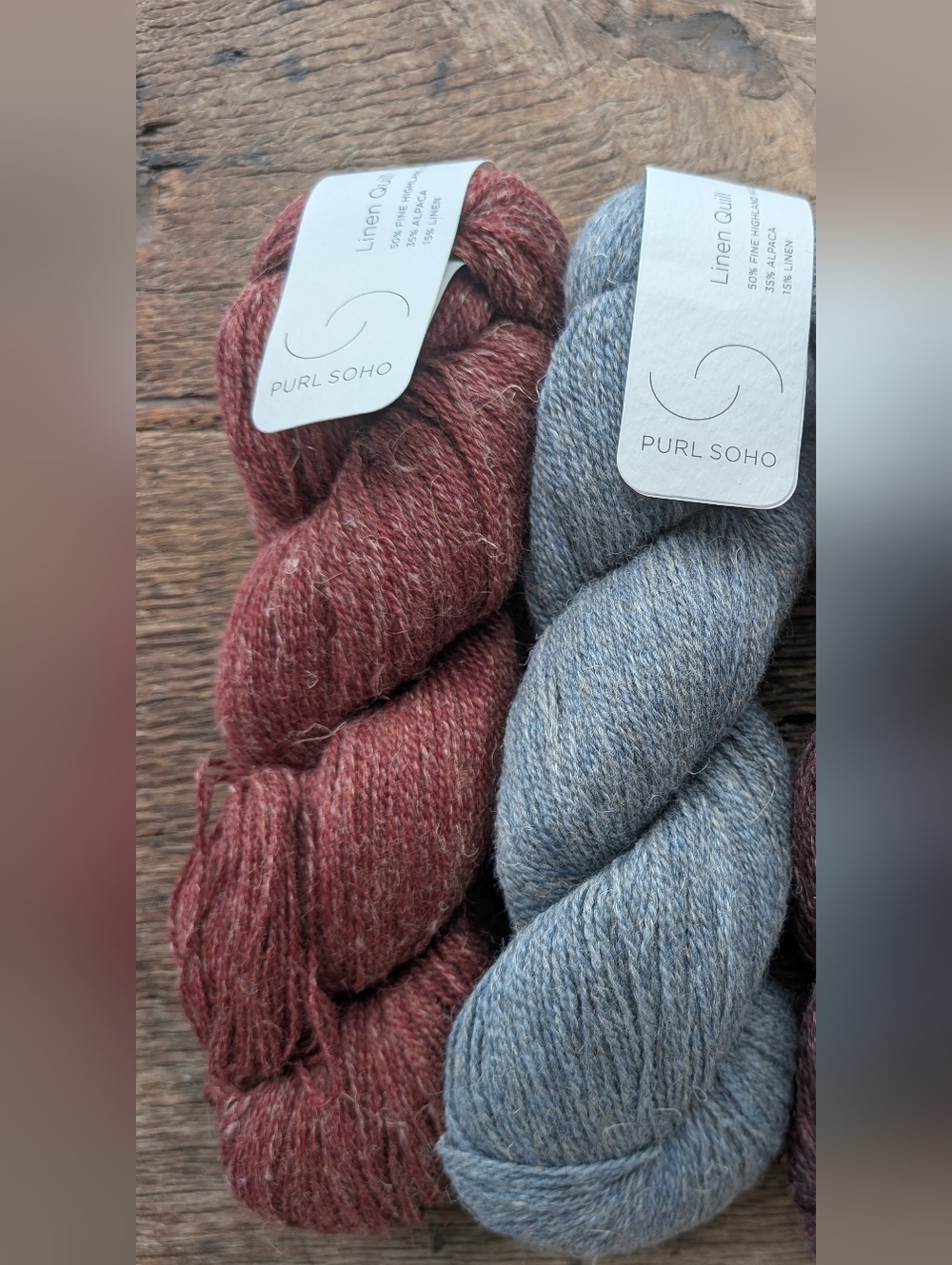 Purl Soho Linen Quill Yarn Duo - Dark Red, Light Blue/Gray